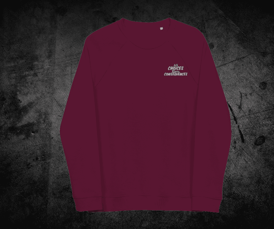 All Choices Have Consequences Embroidered Organic Raglan Sweatshirt