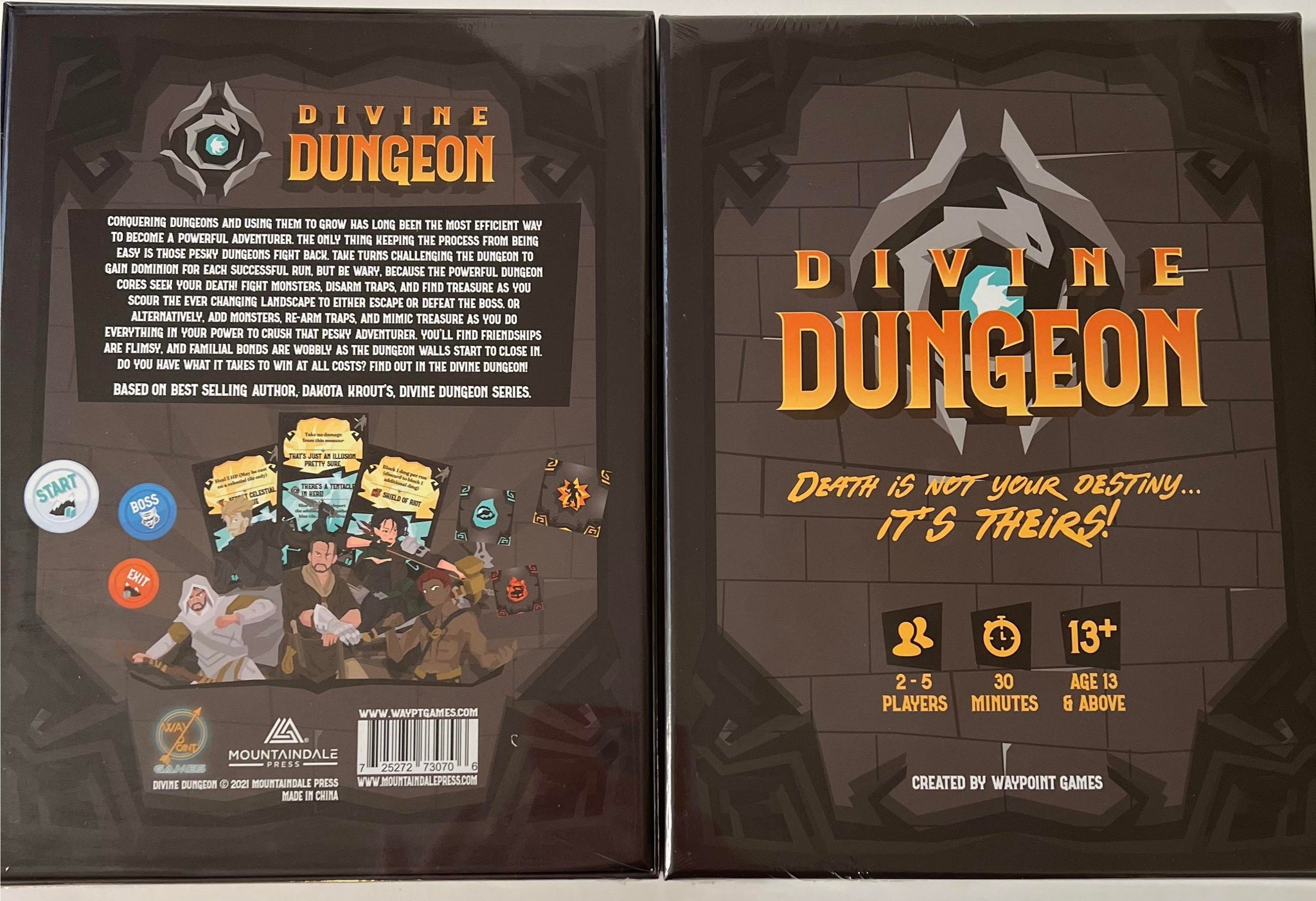 This image shows the front and back covers of the Divine Dungeon board game!
